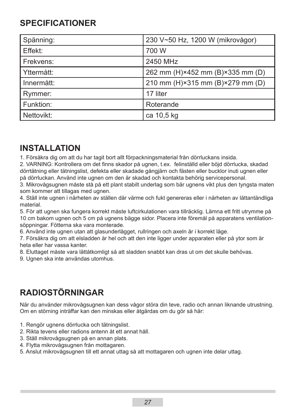 Specificationer, Installation, Radiostörningar | AMICA MW 13150 W DE User Manual | Page 123 / 132