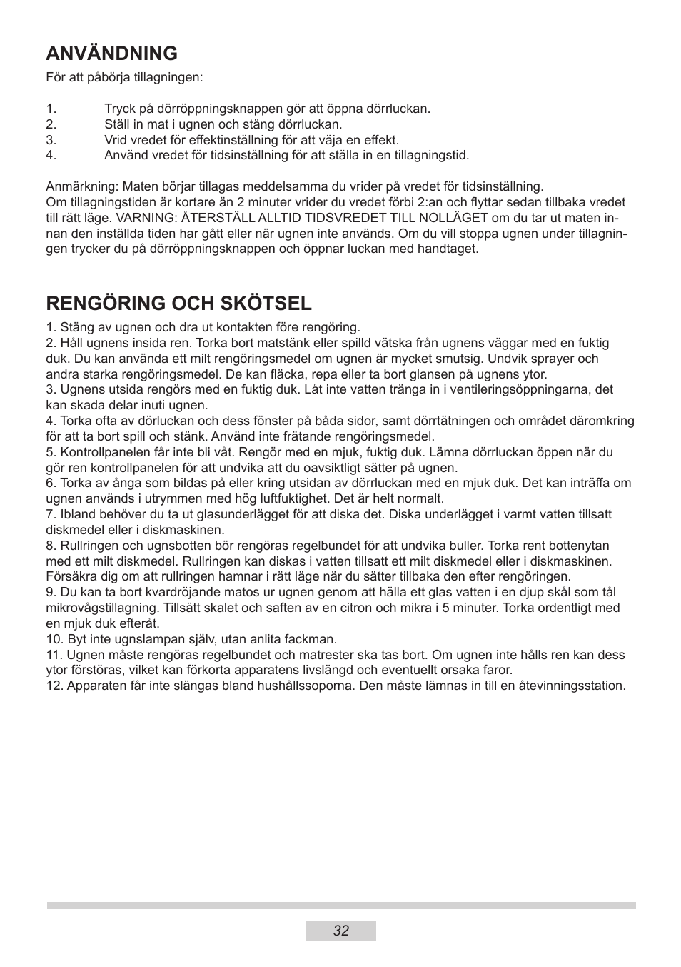 Användning, Rengöring och skötsel | AMICA MW 13150 W DE User Manual | Page 128 / 132