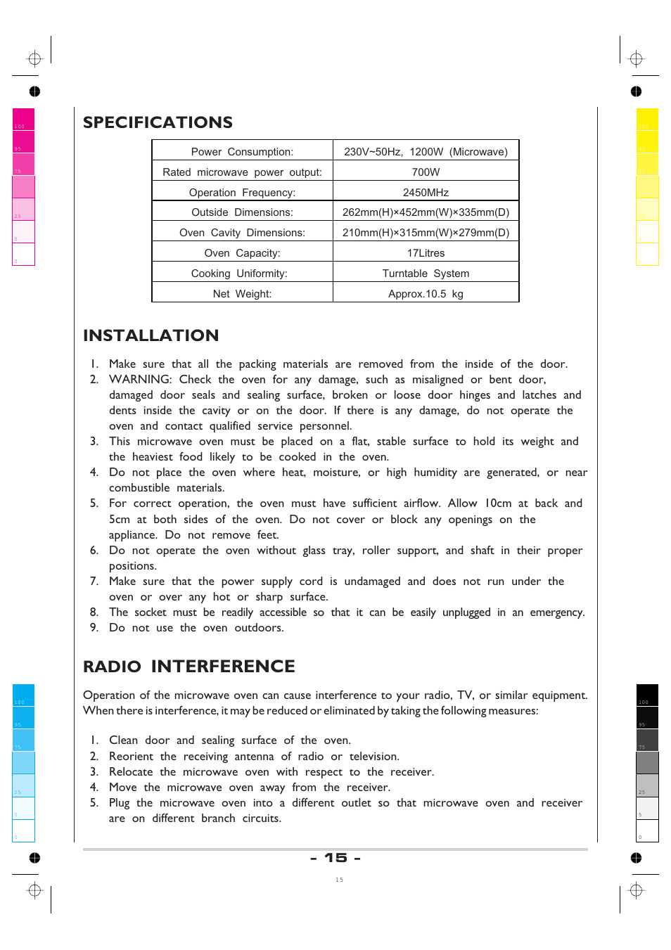 Interference, Specifications, Installation | Radio | AMICA MW 13150 W DE User Manual | Page 15 / 132