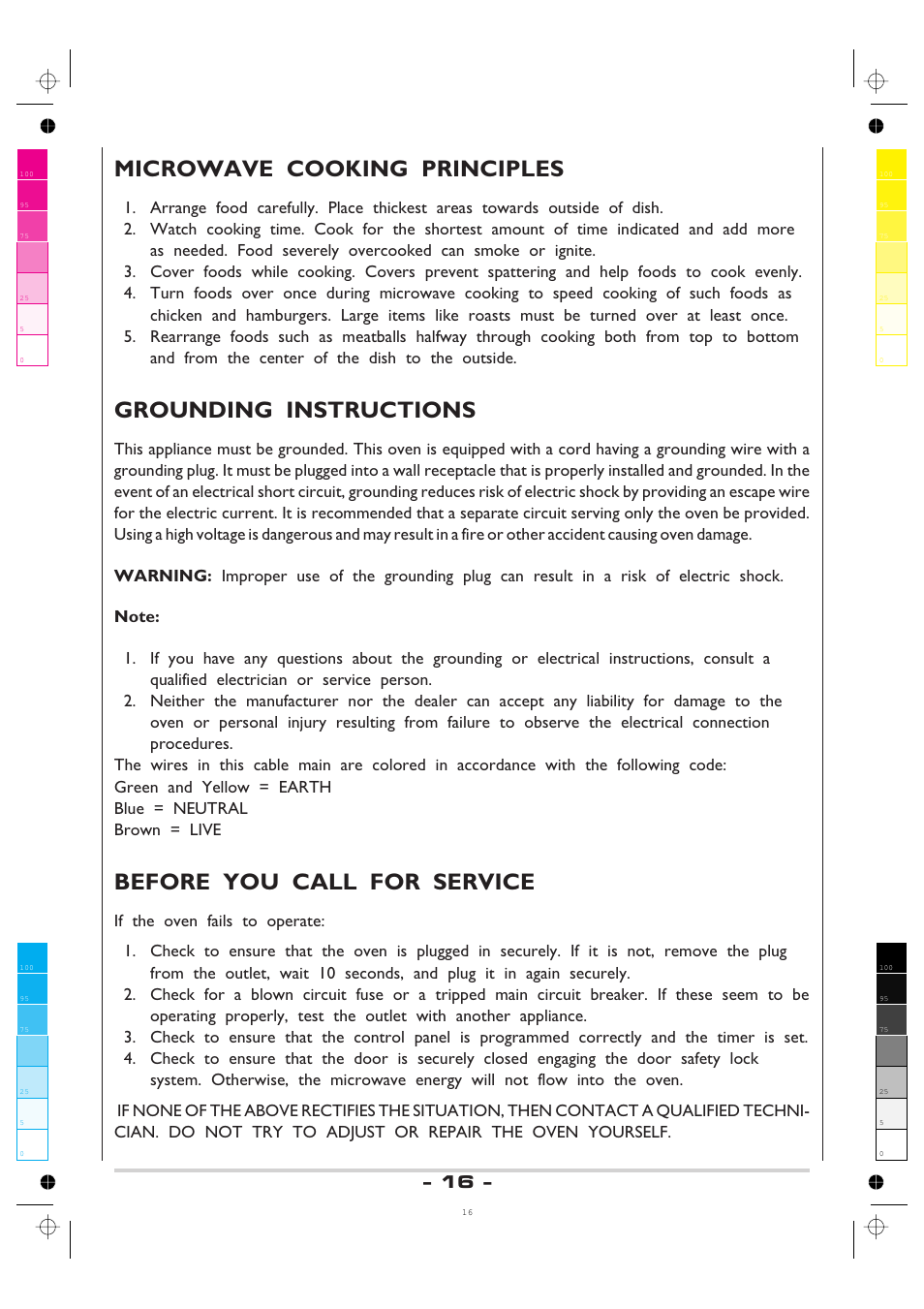 Microwave cooking principles, Grounding instructions, Before you call for service | AMICA MW 13150 W DE User Manual | Page 16 / 132