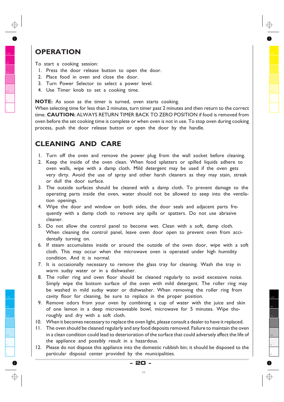 Operation, Cleaning and care | AMICA MW 13150 W DE User Manual | Page 20 / 132