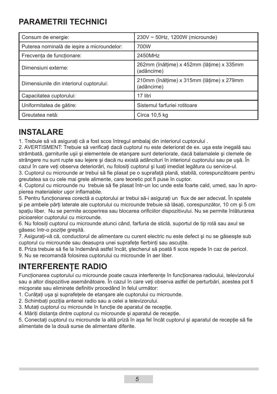 Parametrii technici, Instalare, Interferenţe radio | AMICA MW 13150 W DE User Manual | Page 29 / 132