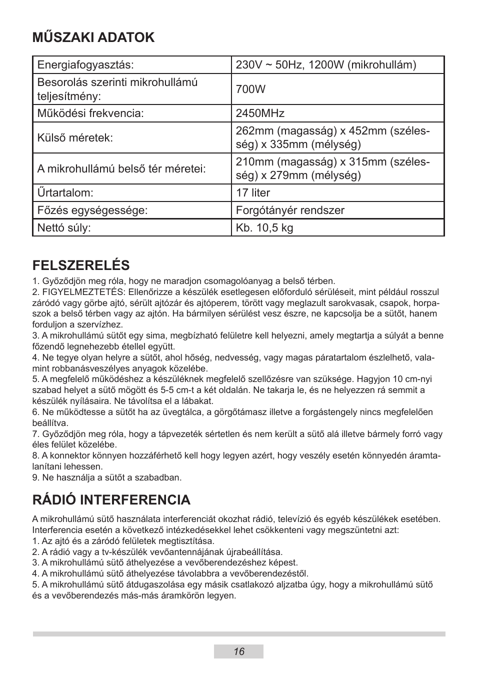 Műszaki adatok, Felszerelés, Rádió interferencia | AMICA MW 13150 W DE User Manual | Page 40 / 132