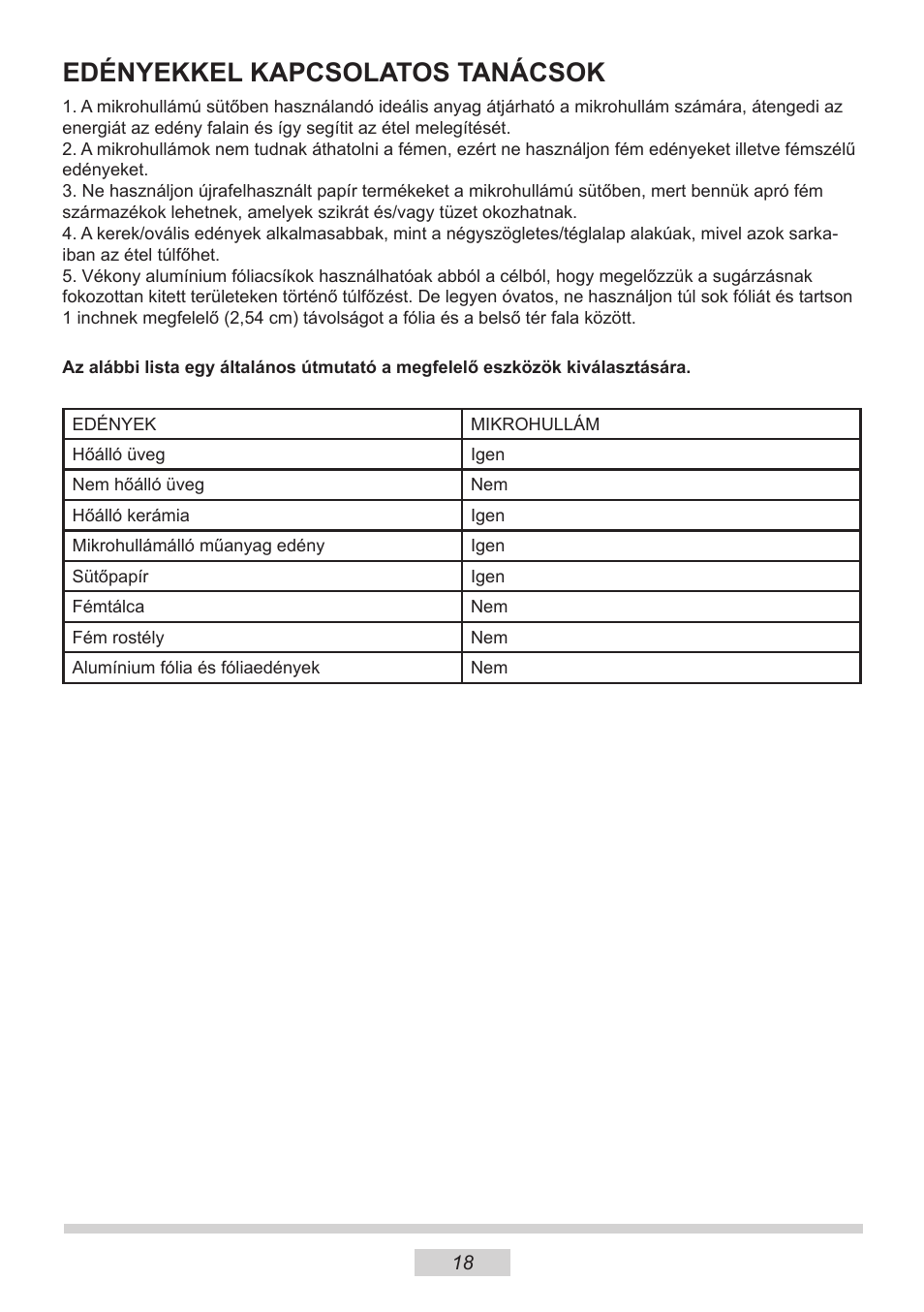 Edényekkel kapcsolatos tanácsok | AMICA MW 13150 W DE User Manual | Page 42 / 132