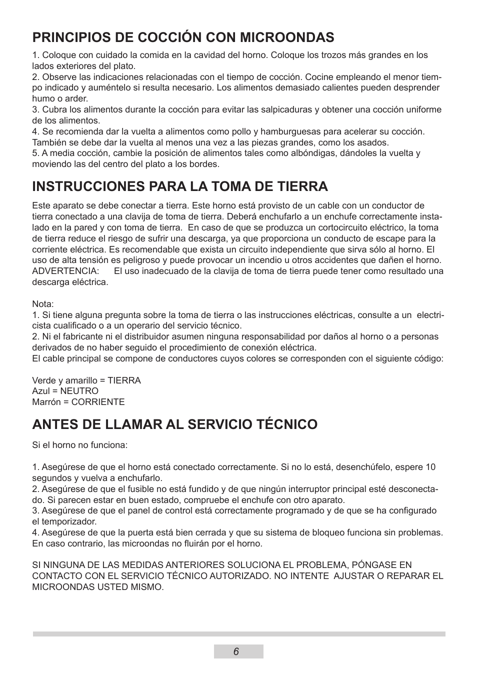 Principios de cocción con microondas, Instrucciones para la toma de tierra, Antes de llamar al servicio técnico | AMICA MW 13150 W DE User Manual | Page 66 / 132