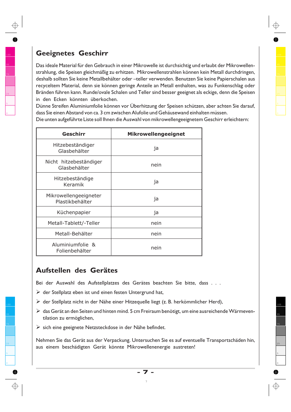 Geeignetes geschirr, Aufstellen des gerätes | AMICA MW 13150 W DE User Manual | Page 7 / 132