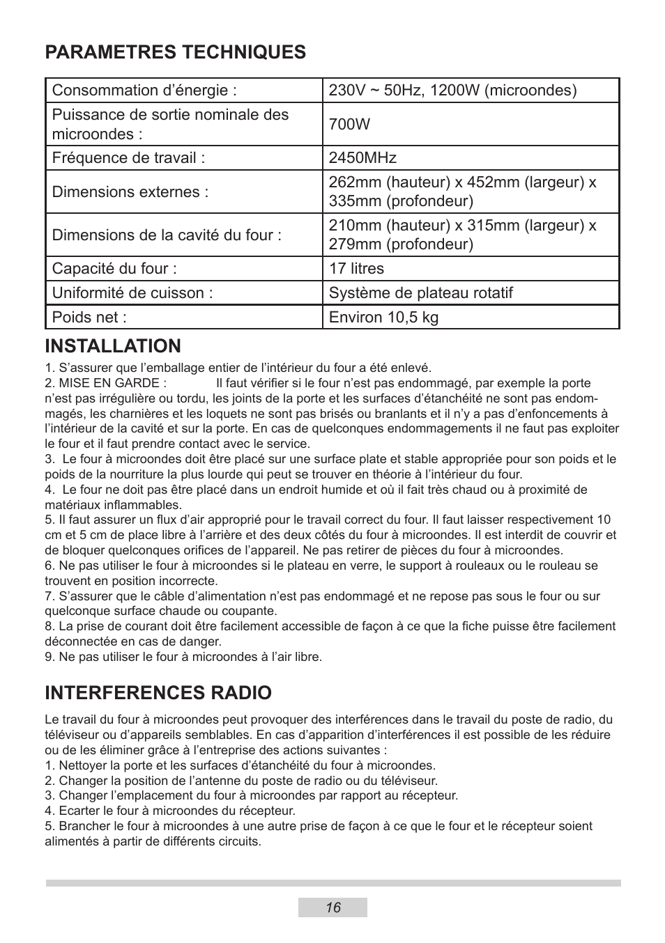 Parametres techniques, Installation, Interferences radio | AMICA MW 13150 W DE User Manual | Page 76 / 132