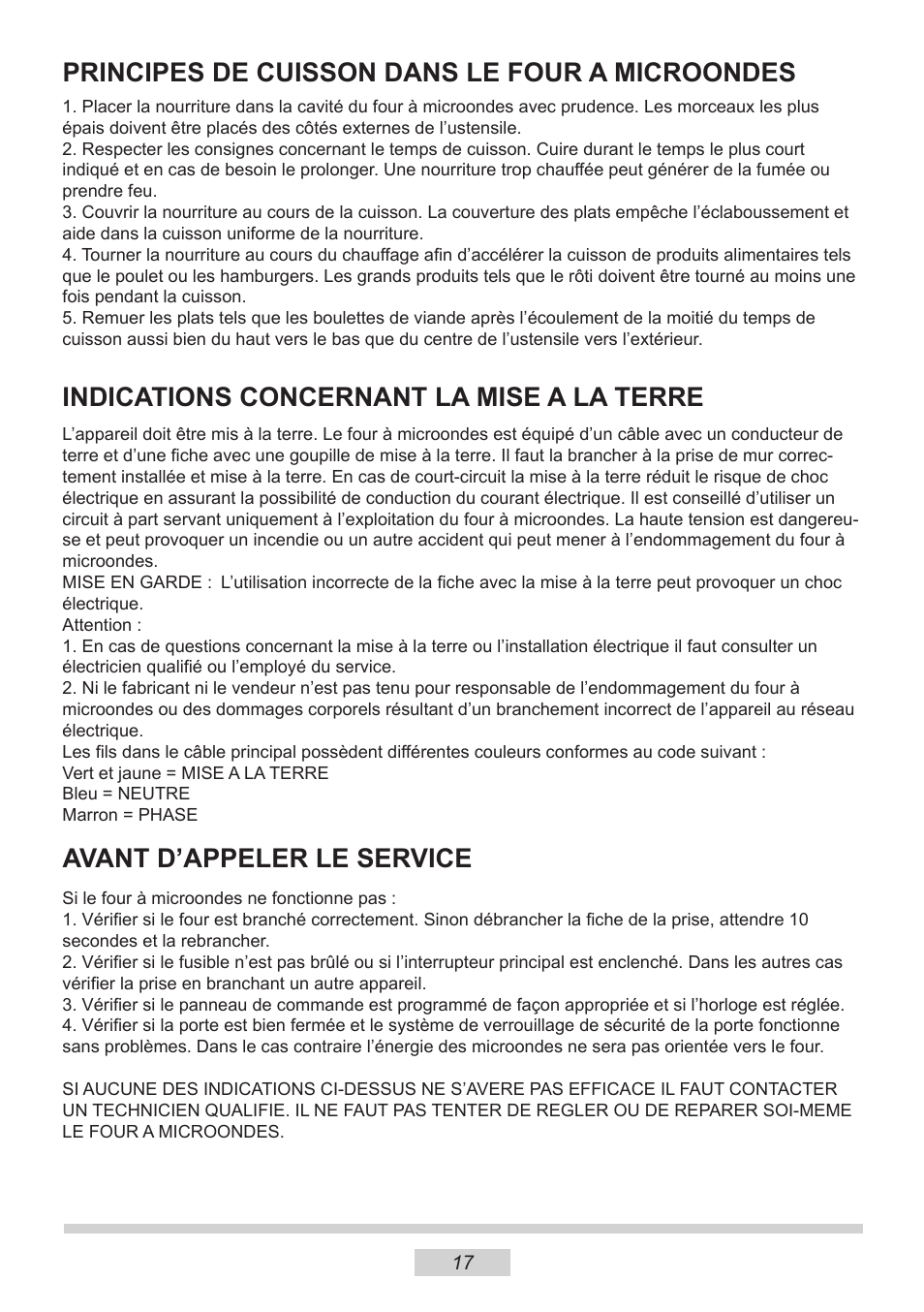 Principes de cuisson dans le four a microondes, Indications concernant la mise a la terre, Avant d’appeler le service | AMICA MW 13150 W DE User Manual | Page 77 / 132