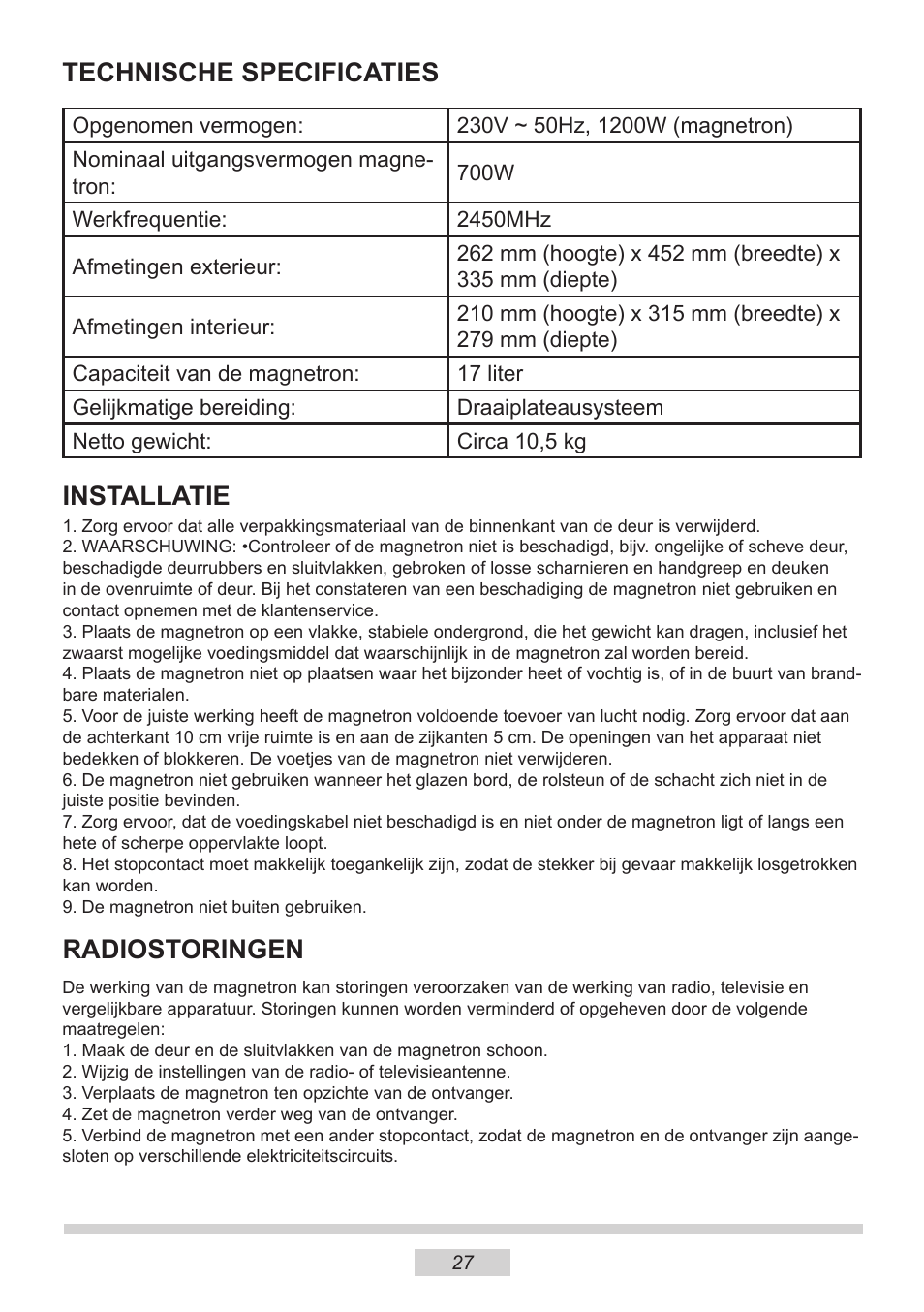 Technische specificaties, Installatie, Radiostoringen | AMICA MW 13150 W DE User Manual | Page 87 / 132