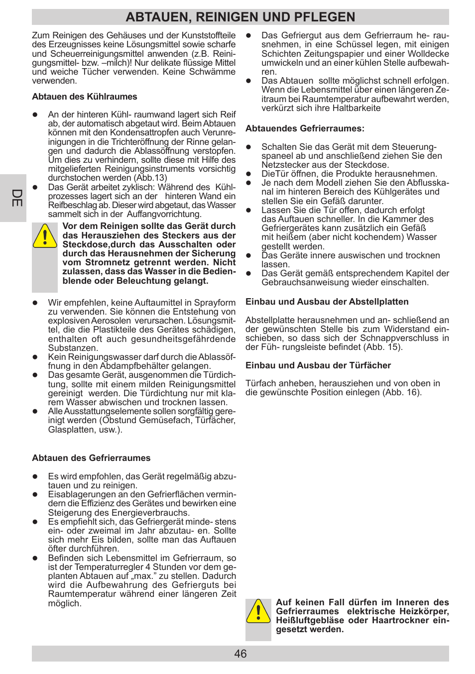 Abtauen, reinigen und pflegen | AMICA EVKS 16404 DE User Manual | Page 46 / 84