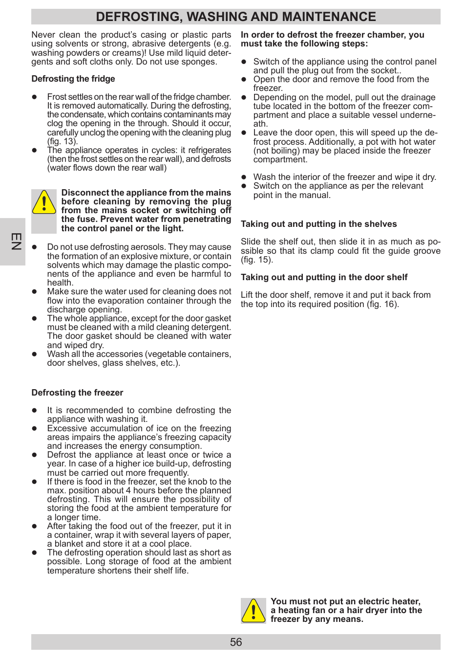 Defrosting, washing and maintenance | AMICA EVKS 16404 DE User Manual | Page 56 / 84