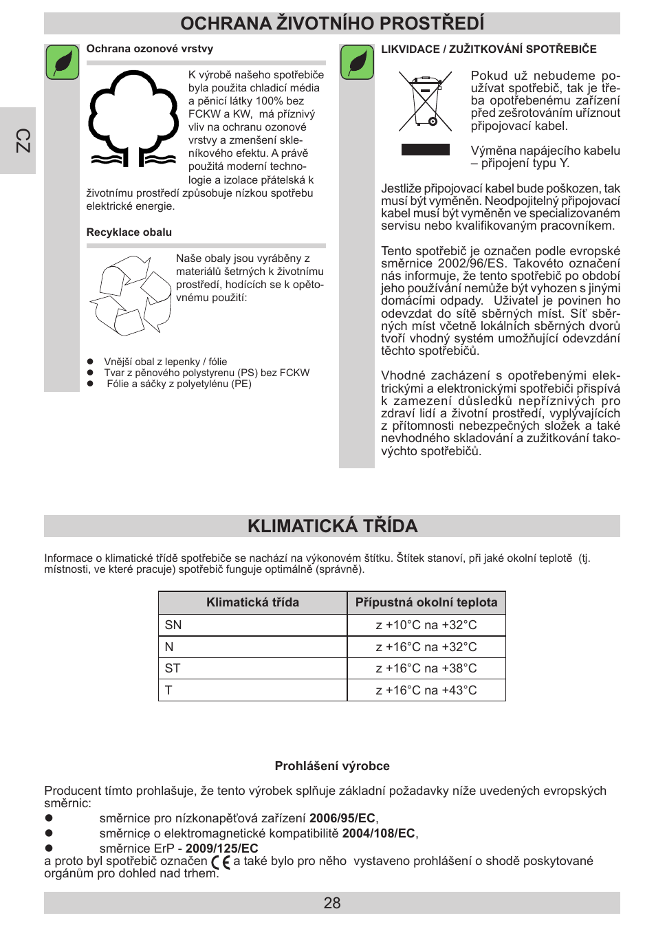 Ochrana životního prostředí, Klimatická třída | AMICA EVKS 16182 DE User Manual | Page 28 / 92