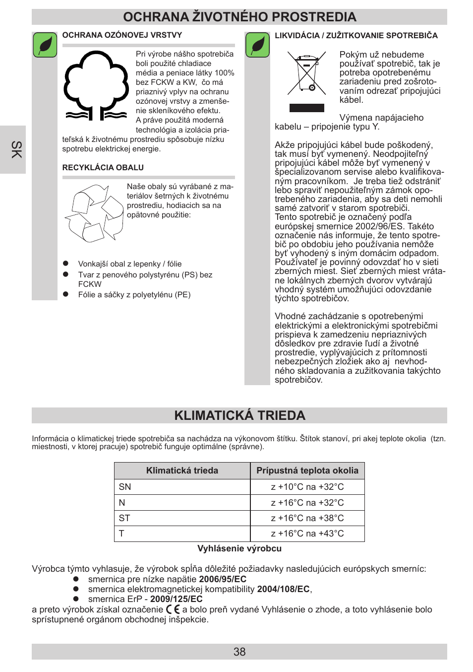 Ochrana životného prostredia, Klimatická trieda | AMICA EVKS 16182 DE User Manual | Page 38 / 92