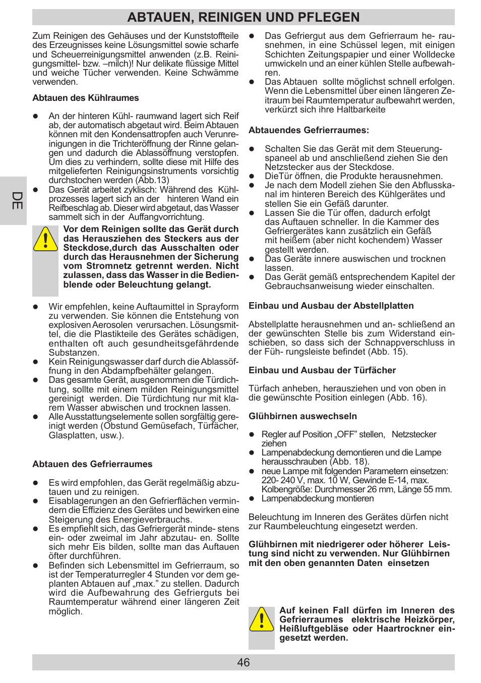 Abtauen, reinigen und pflegen | AMICA EVKS 16182 DE User Manual | Page 46 / 92