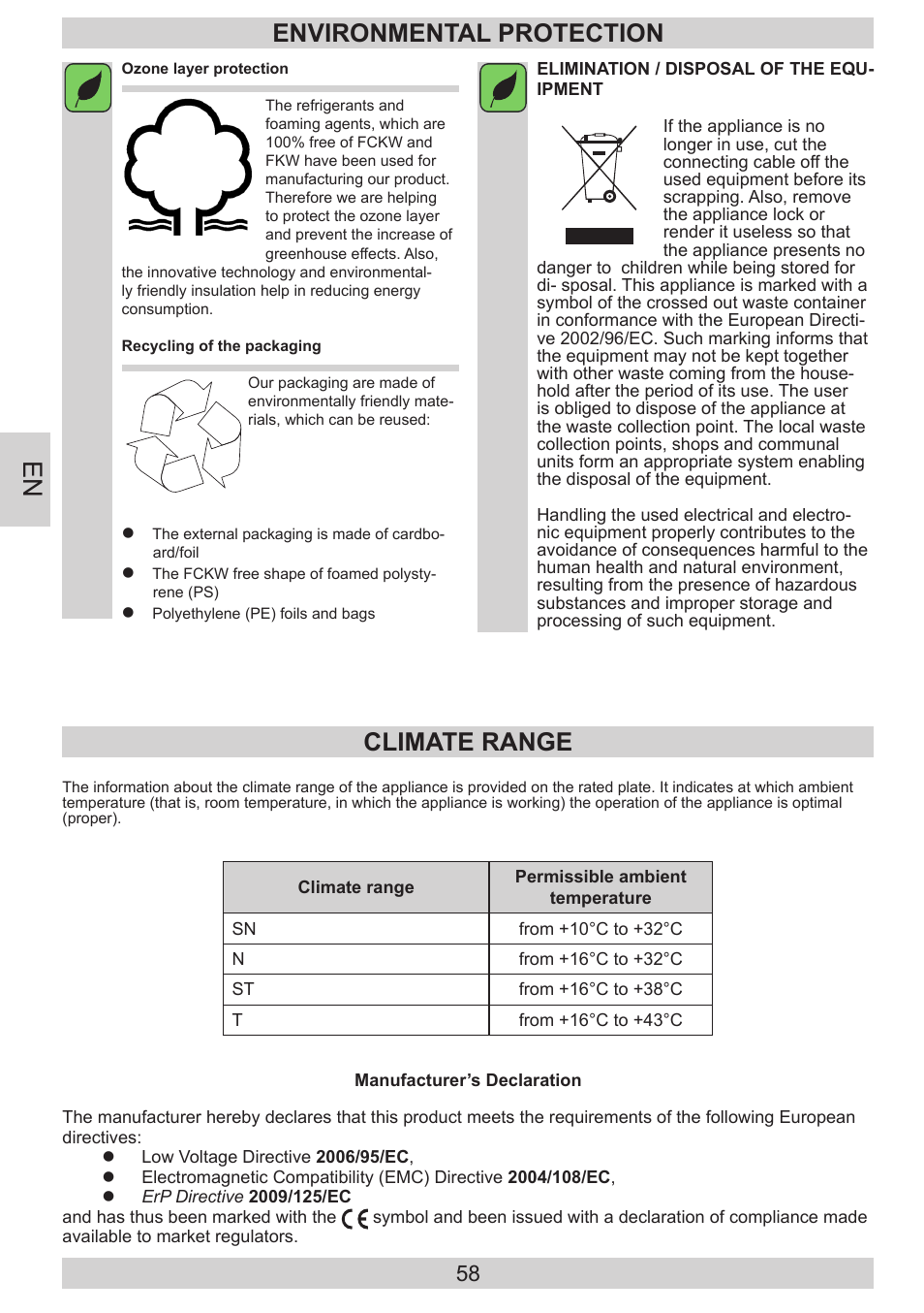 Environmental protection, Climate range | AMICA EVKS 16182 DE User Manual | Page 58 / 92