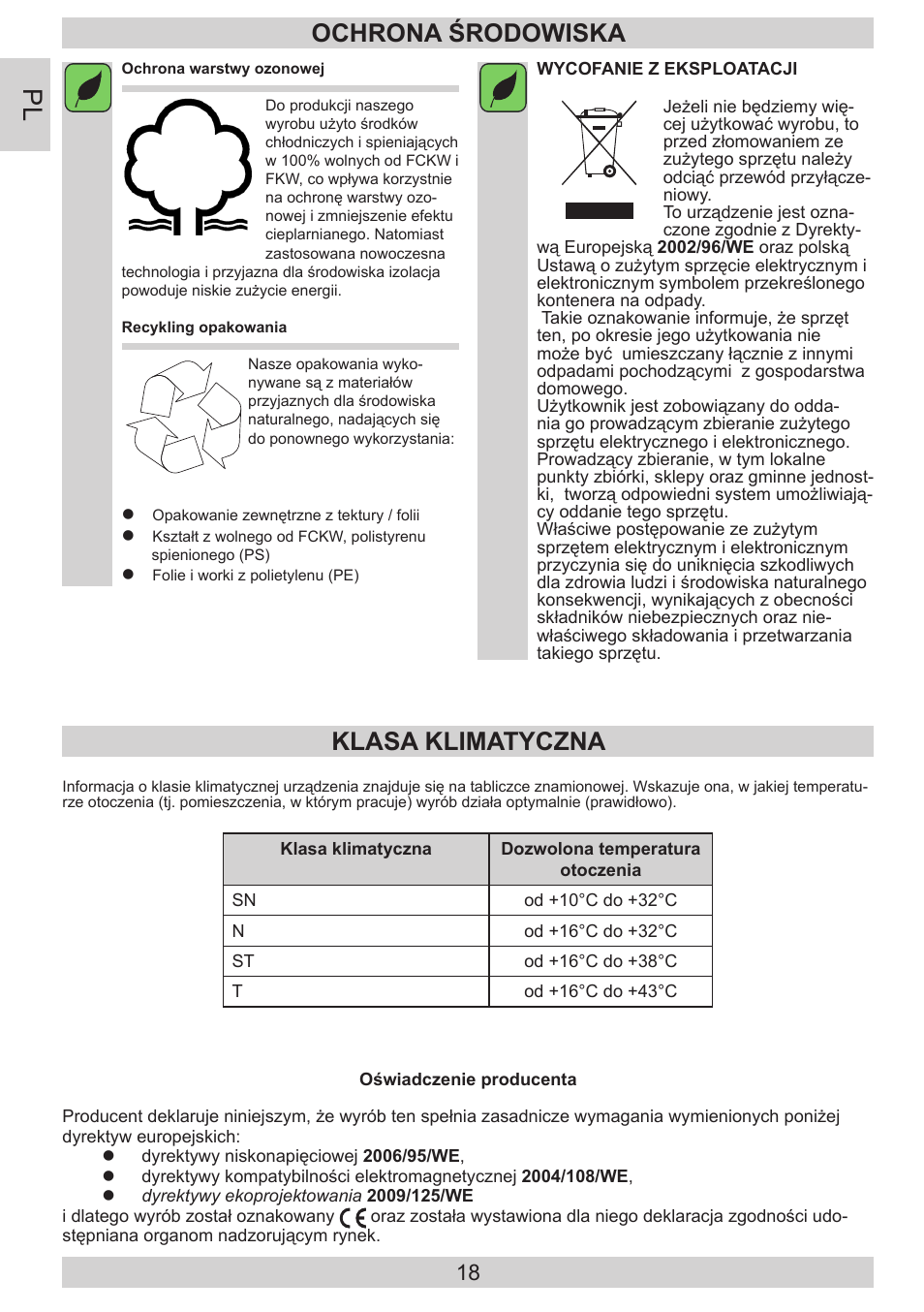 Ochrona środowiska, Klasa klimatyczna | AMICA EKS 16181 DE User Manual | Page 18 / 92