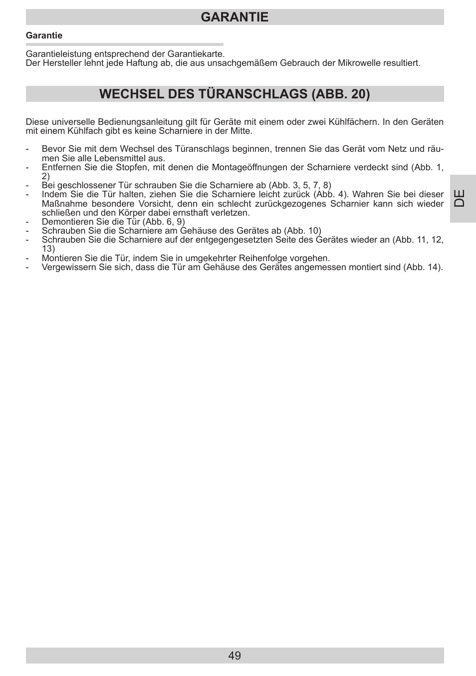 Garantie, Wechsel des türanschlags (abb. 20) | AMICA EKS 16181 DE User Manual | Page 49 / 92