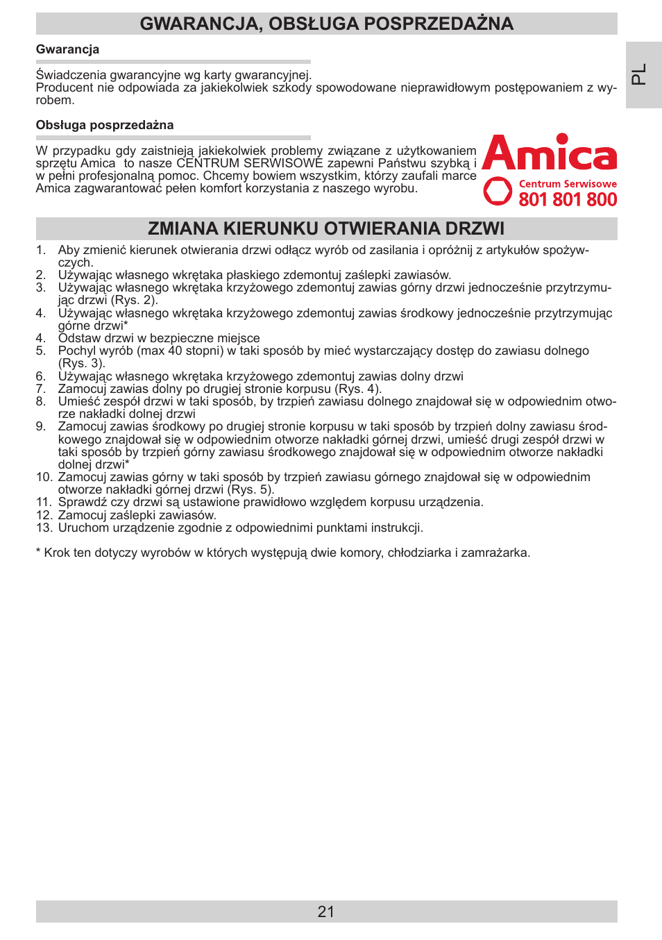 Gwarancja, obsługa posprzedażna, Zmiana kierunku otwierania drzwi | AMICA EKS 16171 DE User Manual | Page 21 / 96
