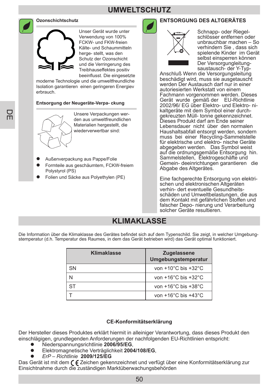 Umweltschutz, Klimaklasse | AMICA EKS 16171 DE User Manual | Page 50 / 96