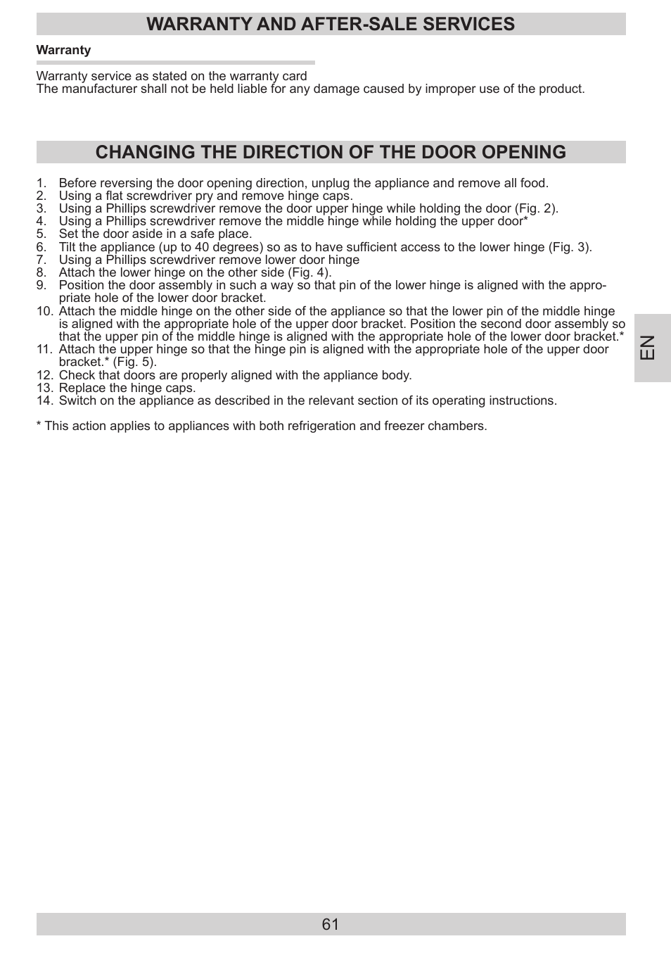 Warranty and after-sale services, Changing the direction of the door opening | AMICA EKS 16171 DE User Manual | Page 61 / 96