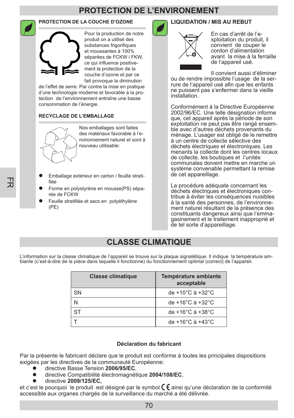 Protection de l’environement, Classe climatique | AMICA EKS 16171 DE User Manual | Page 70 / 96