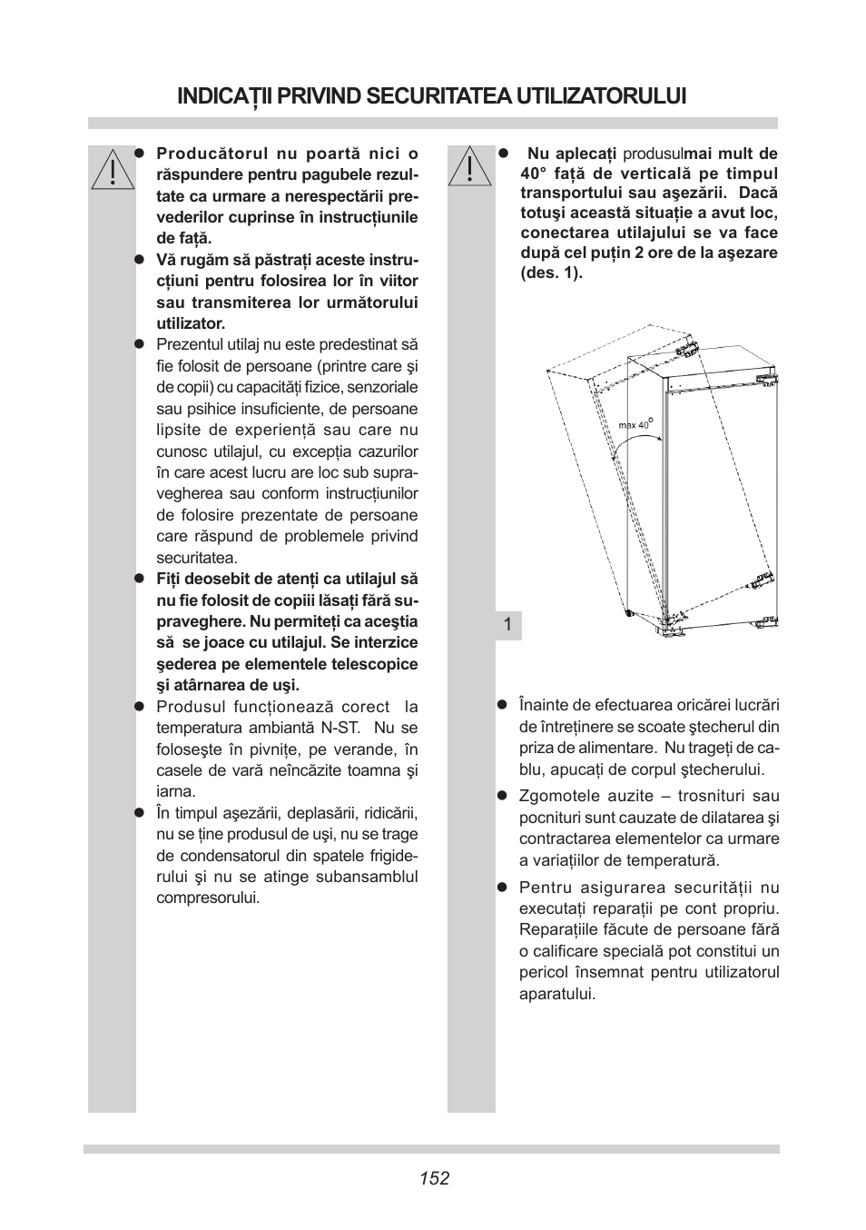 Indicaţii privind securitatea utilizatorului | AMICA EKS 16161 DE User Manual | Page 152 / 172