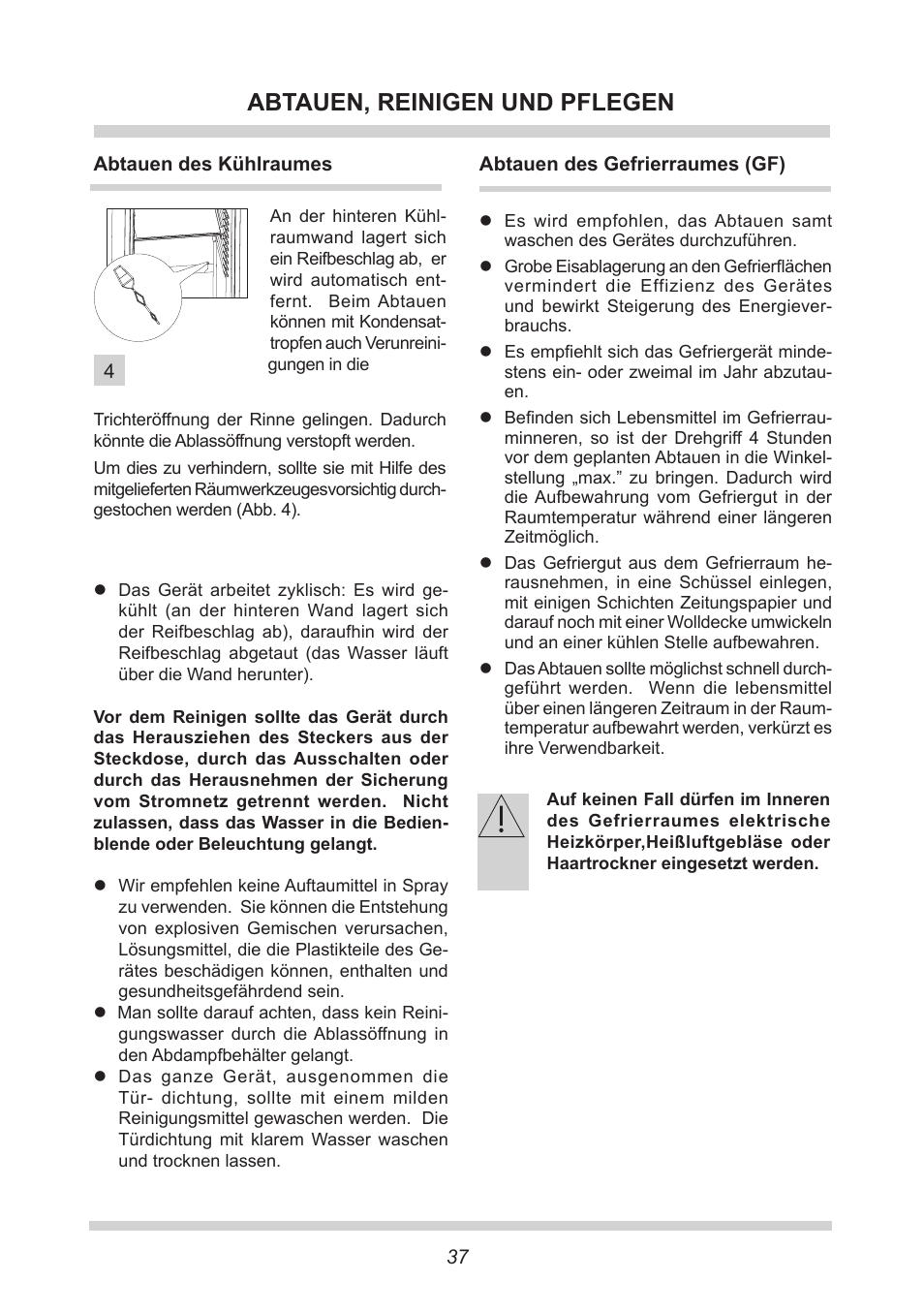 Abtauen, reinigen und pflegen | AMICA EKS 16161 DE User Manual | Page 37 / 172