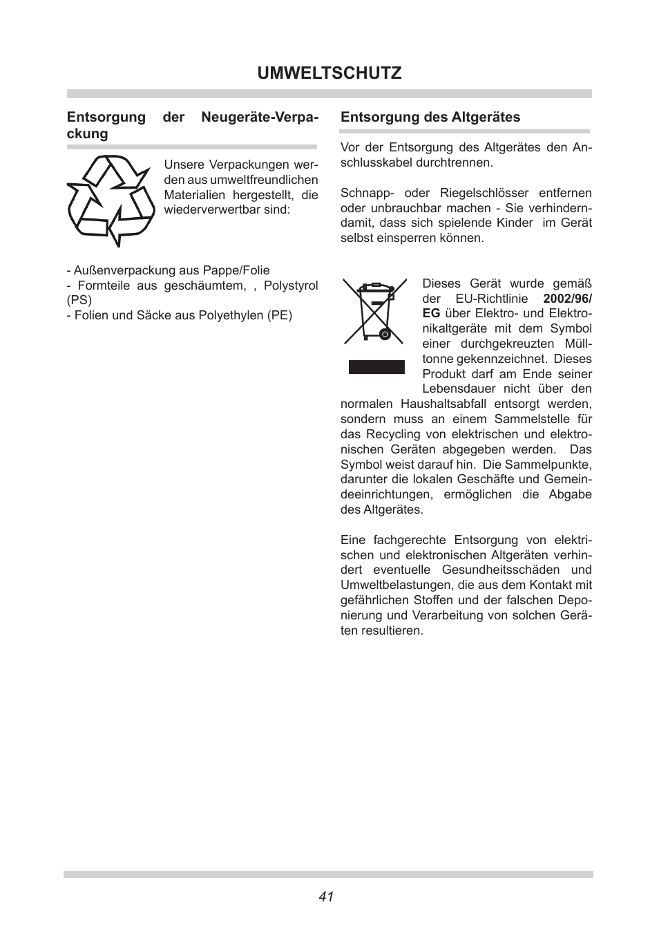 Umweltschutz | AMICA EKS 16161 DE User Manual | Page 41 / 172