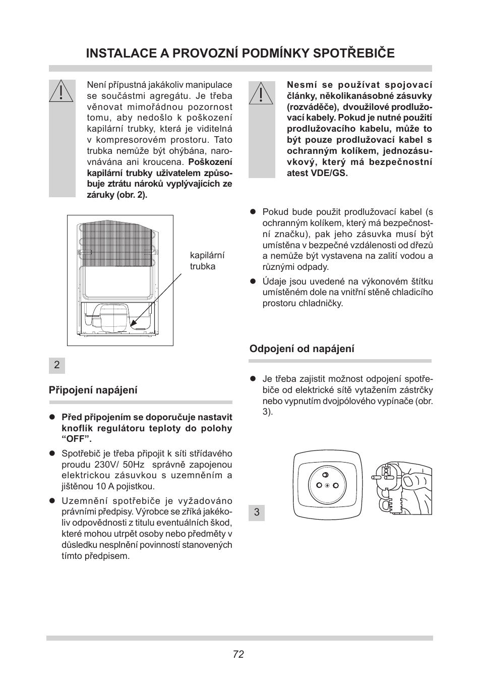 Instalace a provozní podmínky spotřebiče | AMICA EKS 16161 DE User Manual | Page 72 / 172