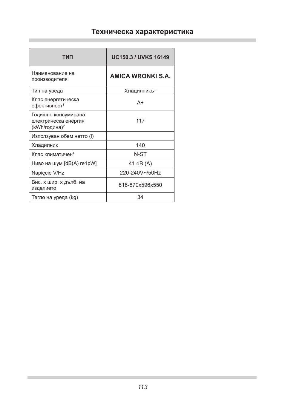 Техническа характеристика | AMICA UVKS 16149 DE User Manual | Page 113 / 156