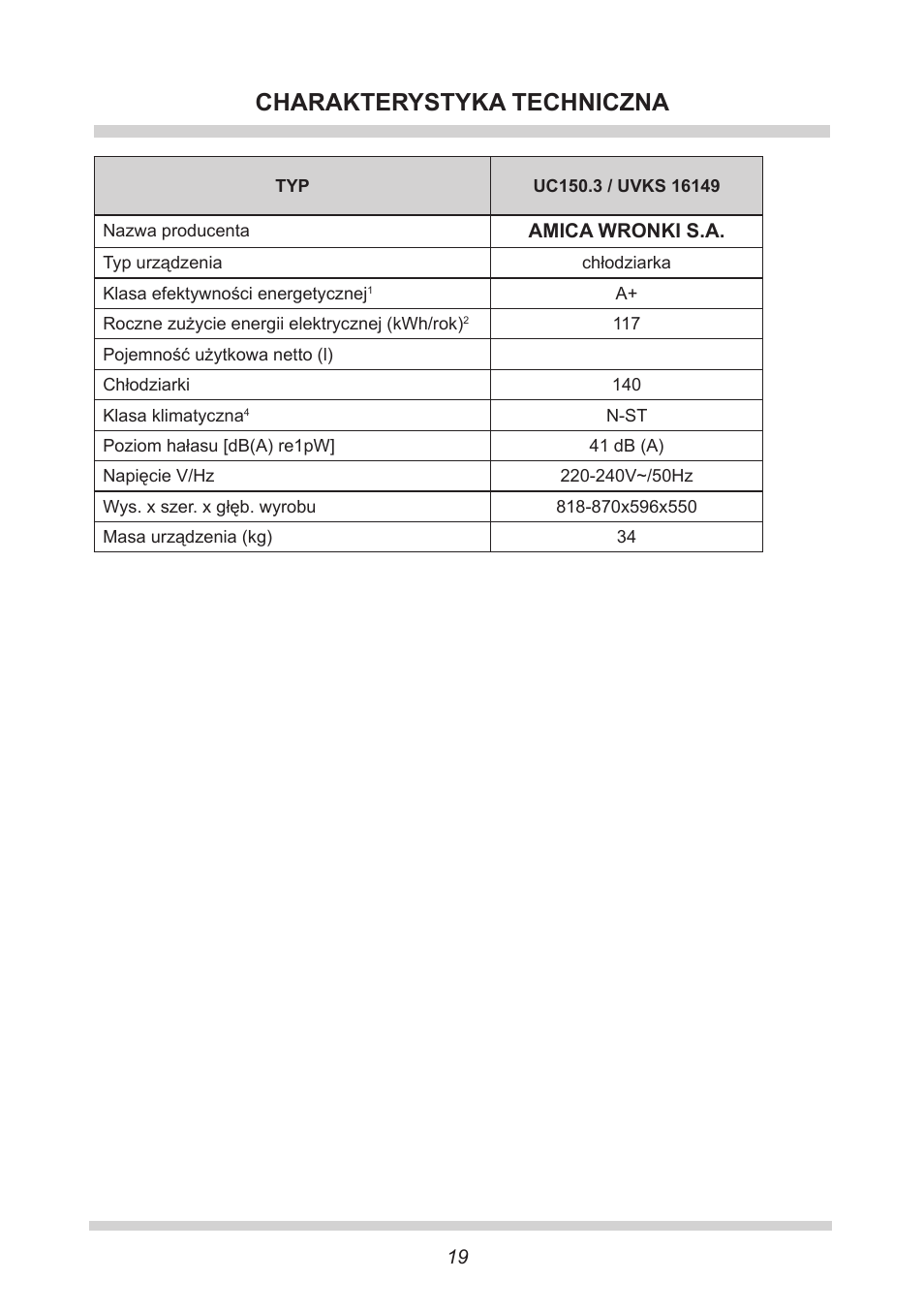 Charakterystyka techniczna | AMICA UVKS 16149 DE User Manual | Page 19 / 156