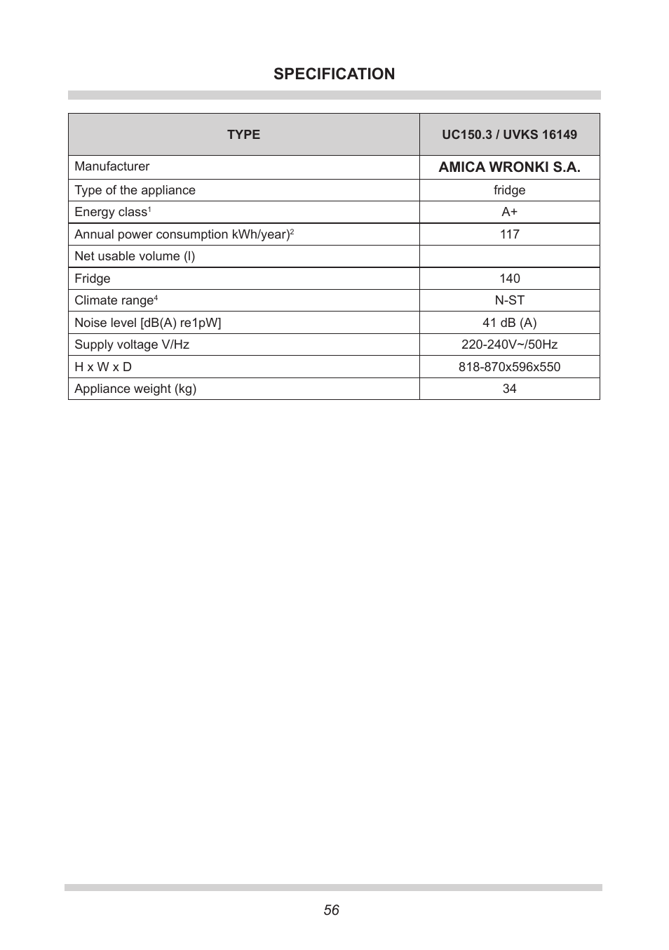 Specification | AMICA UVKS 16149 DE User Manual | Page 56 / 156