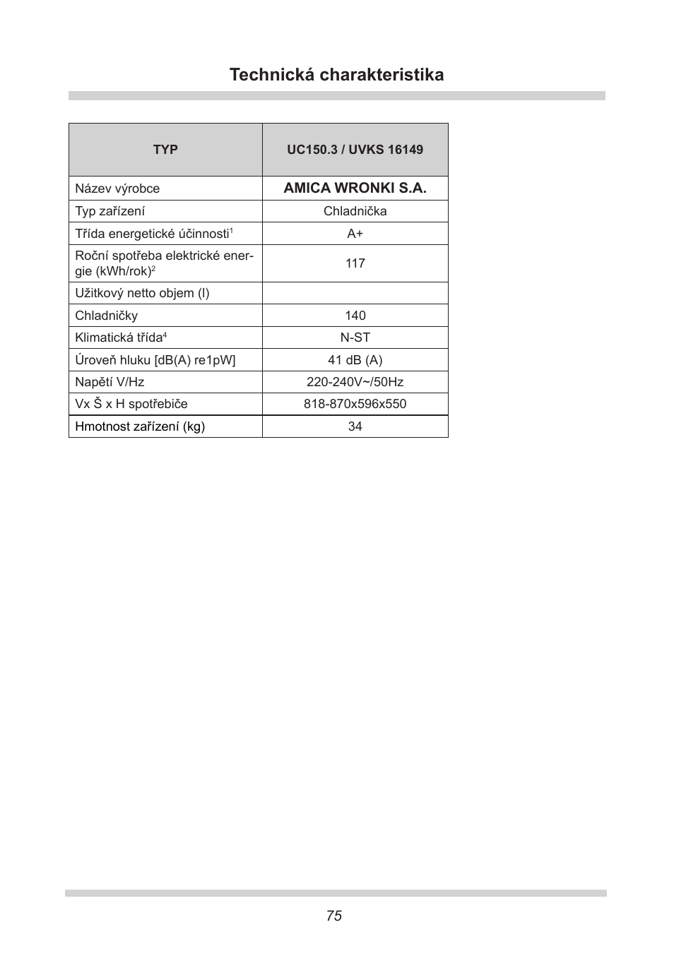 Technická charakteristika | AMICA UVKS 16149 DE User Manual | Page 75 / 156