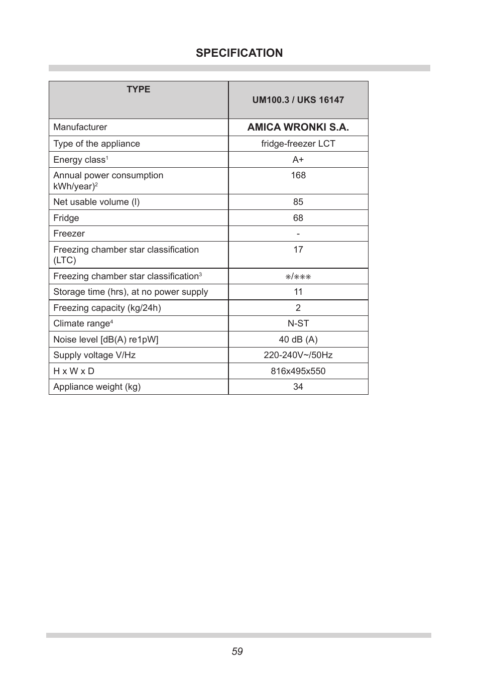 Specification | AMICA UKS 16147 DE User Manual | Page 59 / 164