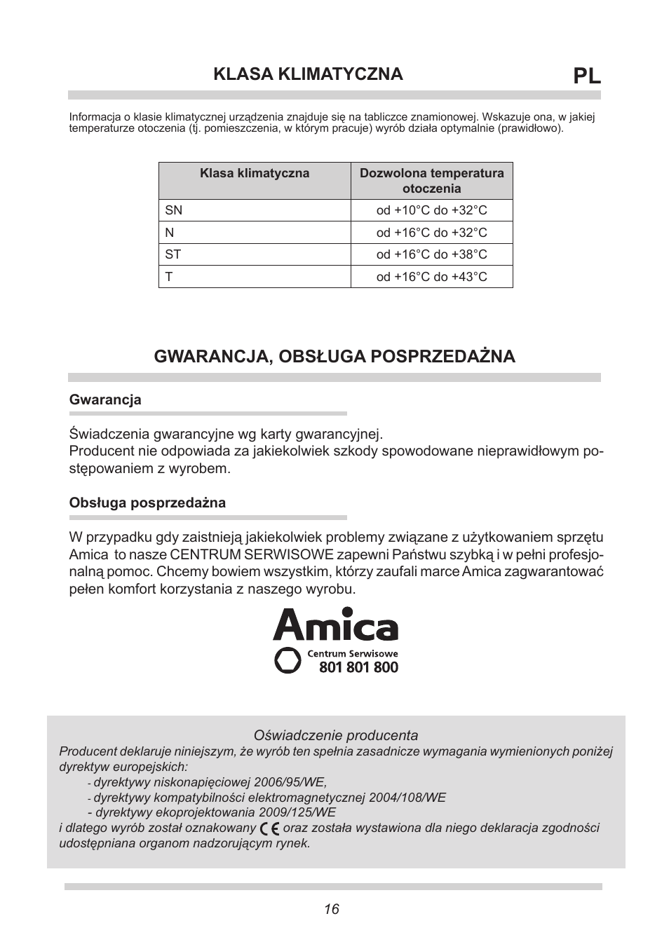 Klasa klimatyczna gwarancja, obsługa posprzedażna | AMICA KS 15423 W DE User Manual | Page 16 / 64