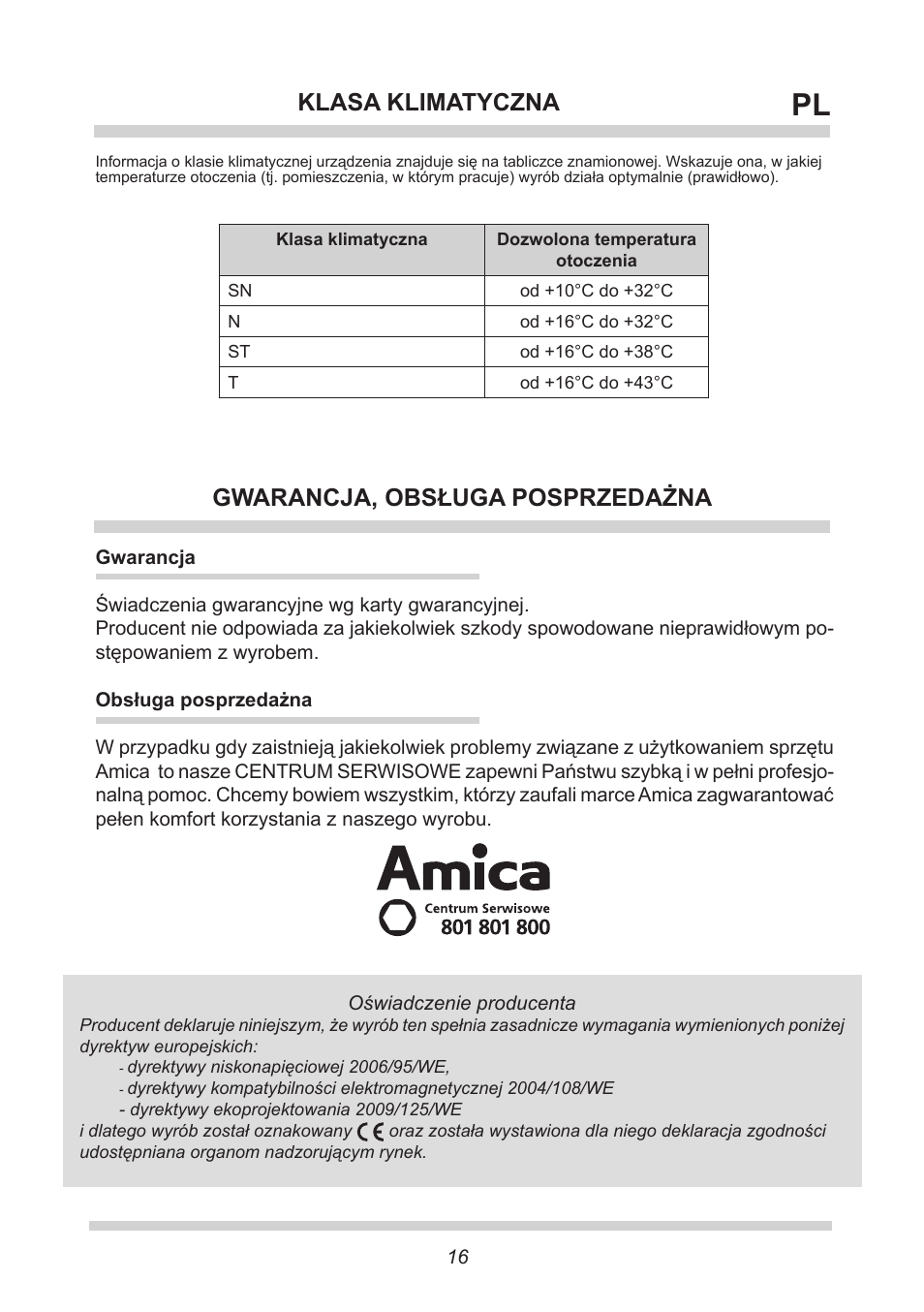 Gwarancja, obsługa posprzedażna, Klasa klimatyczna | AMICA VKS 15422 W DE User Manual | Page 16 / 64