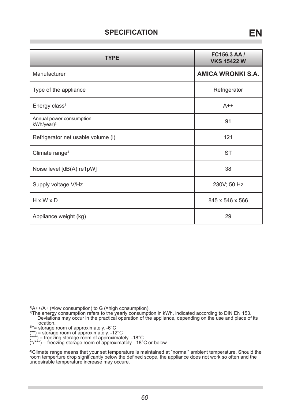 Specification, Amica wronki s.a | AMICA VKS 15422 W DE User Manual | Page 60 / 64
