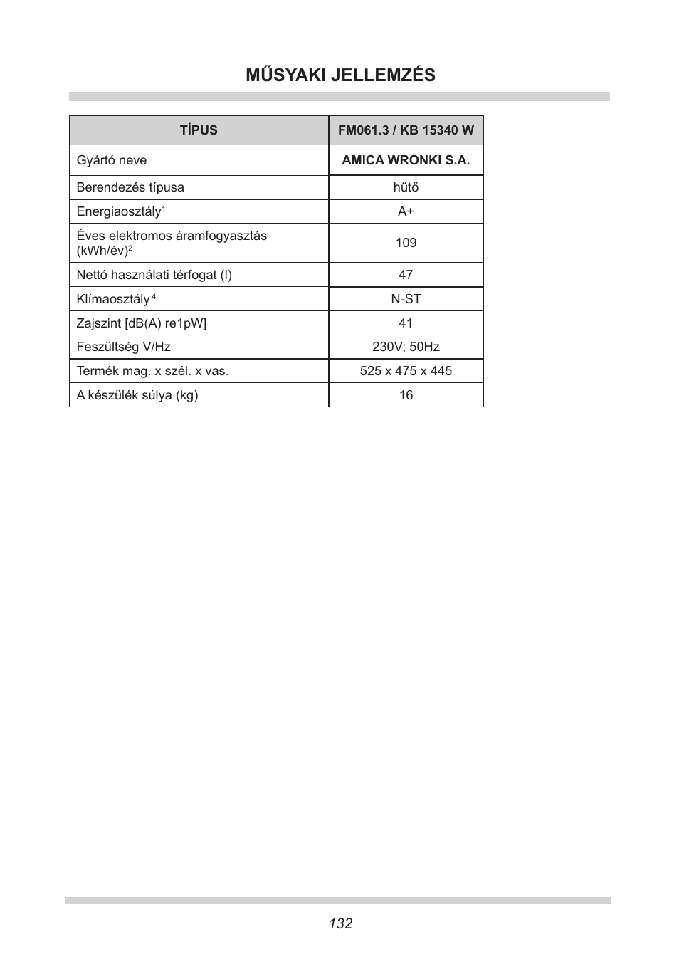 Műsyaki jellemzés | AMICA KB 15340 W DE User Manual | Page 132 / 192