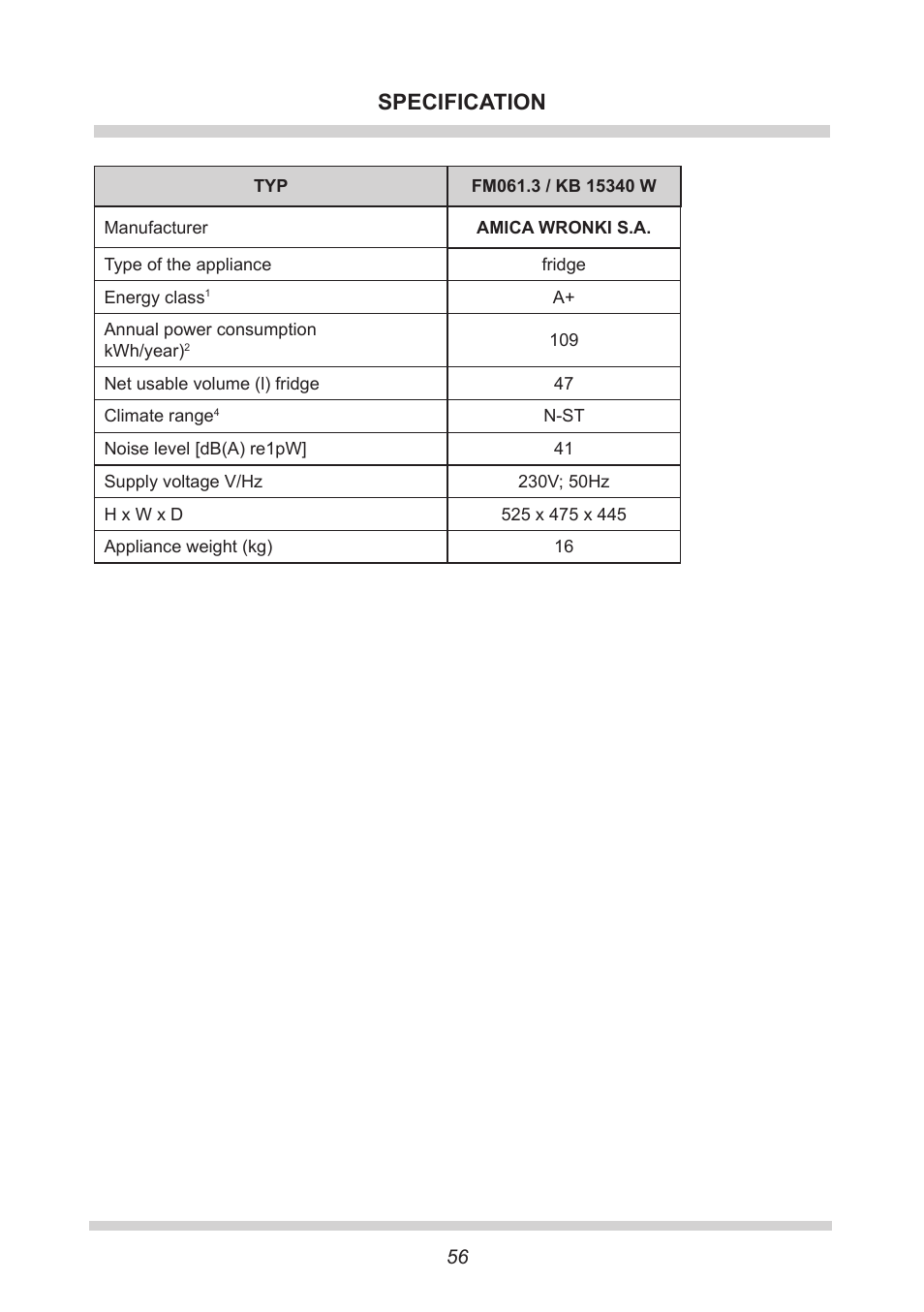 Specification | AMICA KB 15340 W DE User Manual | Page 56 / 192