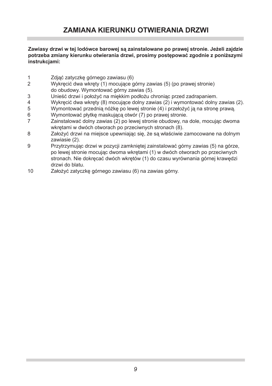 Zamiana kierunku otwierania drzwi | AMICA KB 15340 W DE User Manual | Page 9 / 192