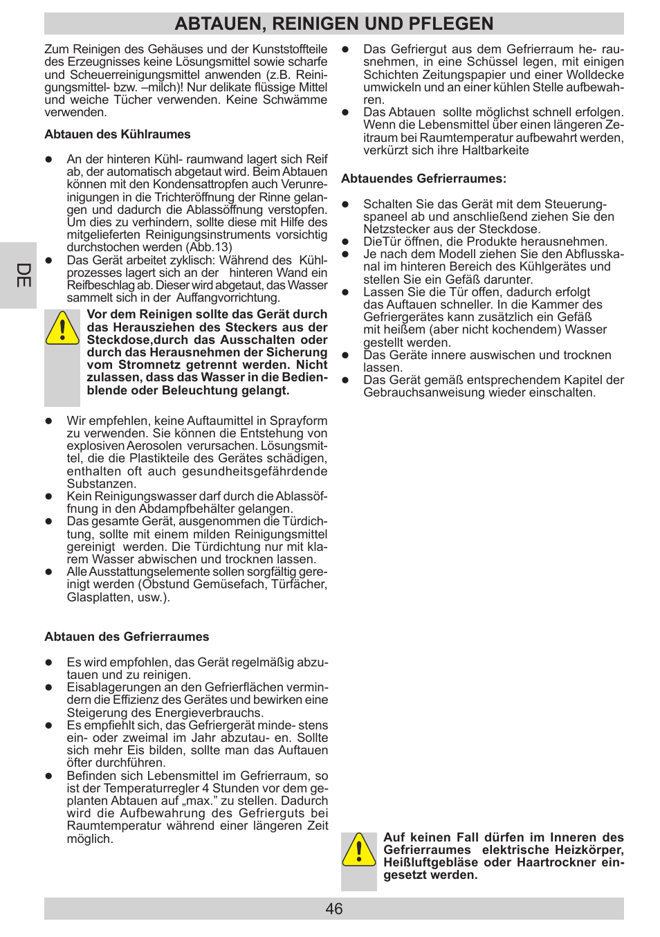 Abtauen, reinigen und pflegen | AMICA EGS 16183 DE User Manual | Page 46 / 92