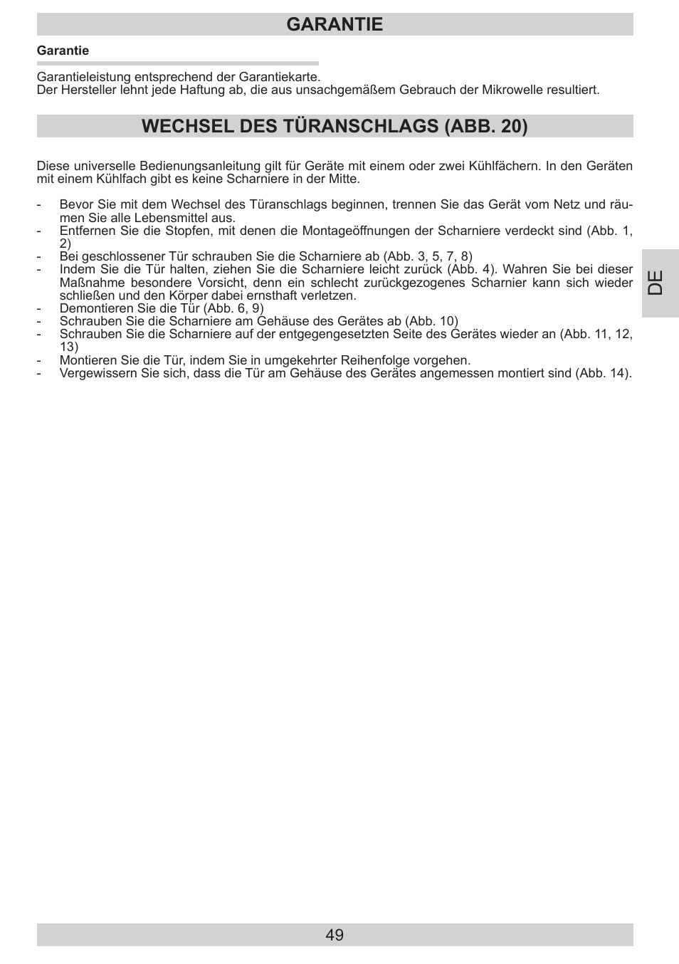 Garantie, Wechsel des türanschlags (abb. 20) | AMICA EGS 16183 DE User Manual | Page 49 / 92
