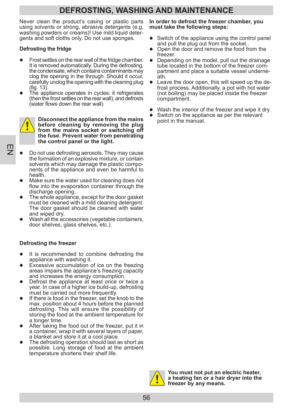 Defrosting, washing and maintenance | AMICA EGS 16183 DE User Manual | Page 56 / 92