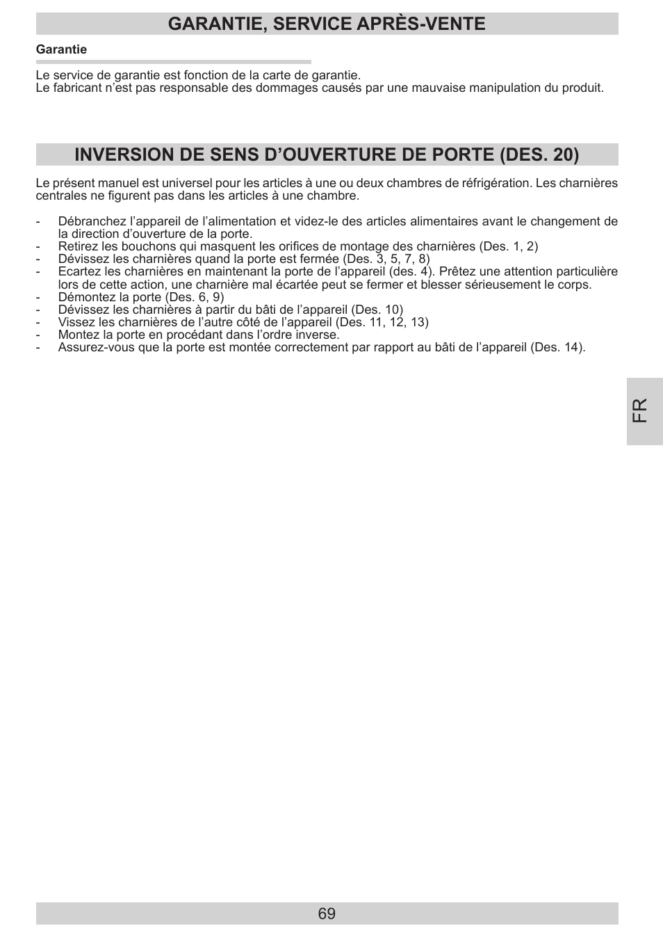 Garantie, service après-vente, Inversion de sens d’ouverture de porte (des. 20) | AMICA EGS 16183 DE User Manual | Page 69 / 92