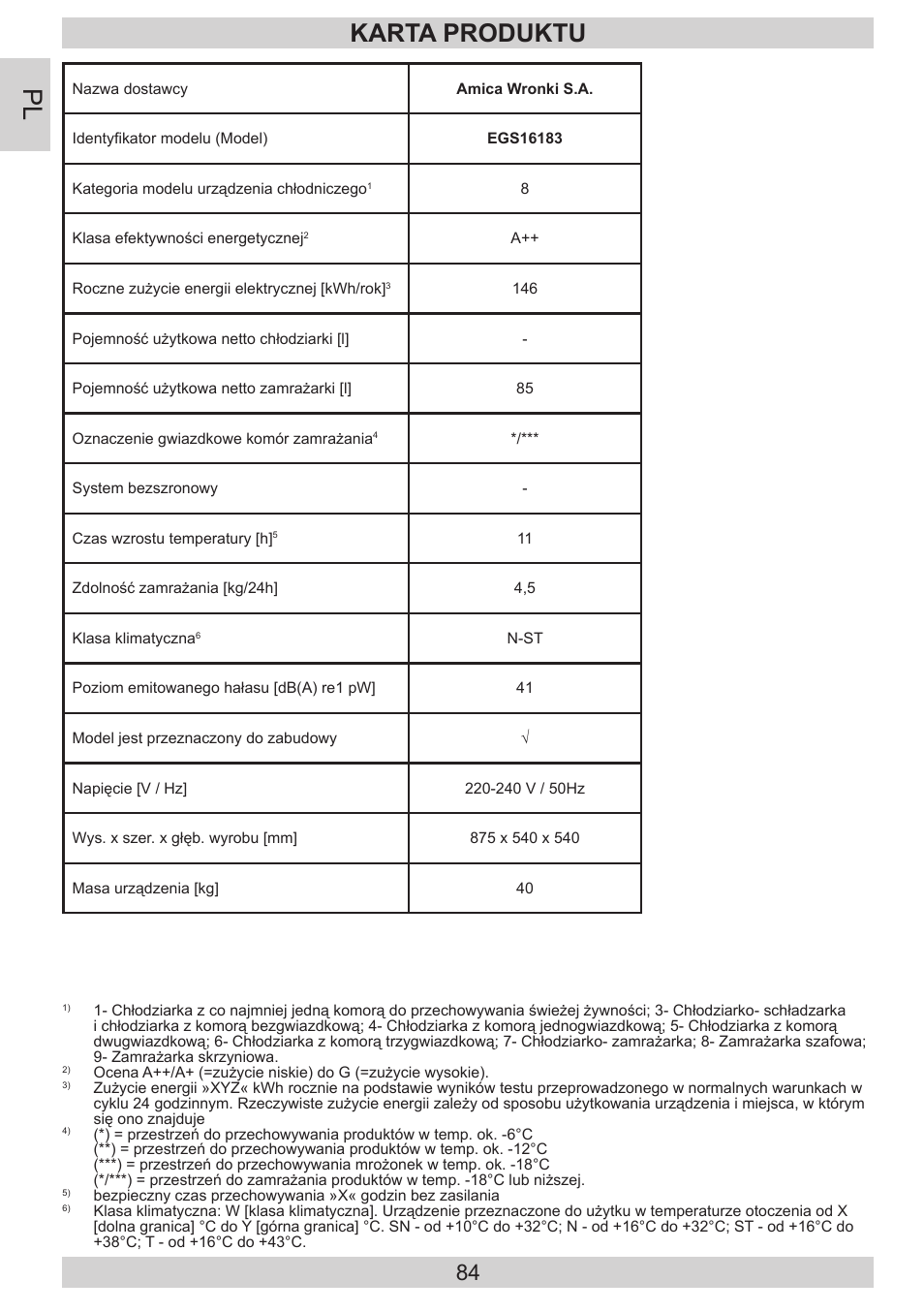 Karta produktu | AMICA EGS 16183 DE User Manual | Page 84 / 92