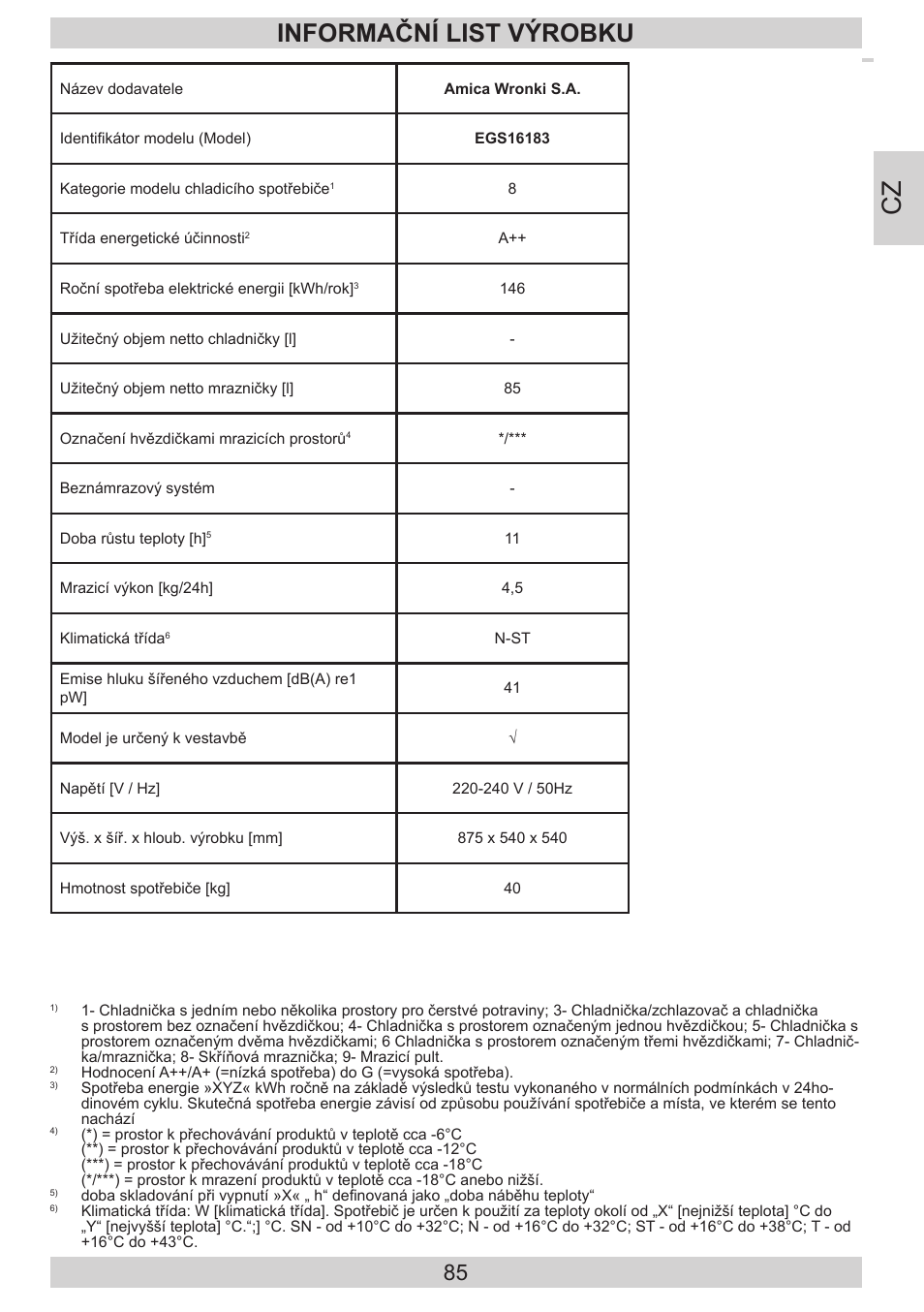 Informační list výrobku | AMICA EGS 16183 DE User Manual | Page 85 / 92