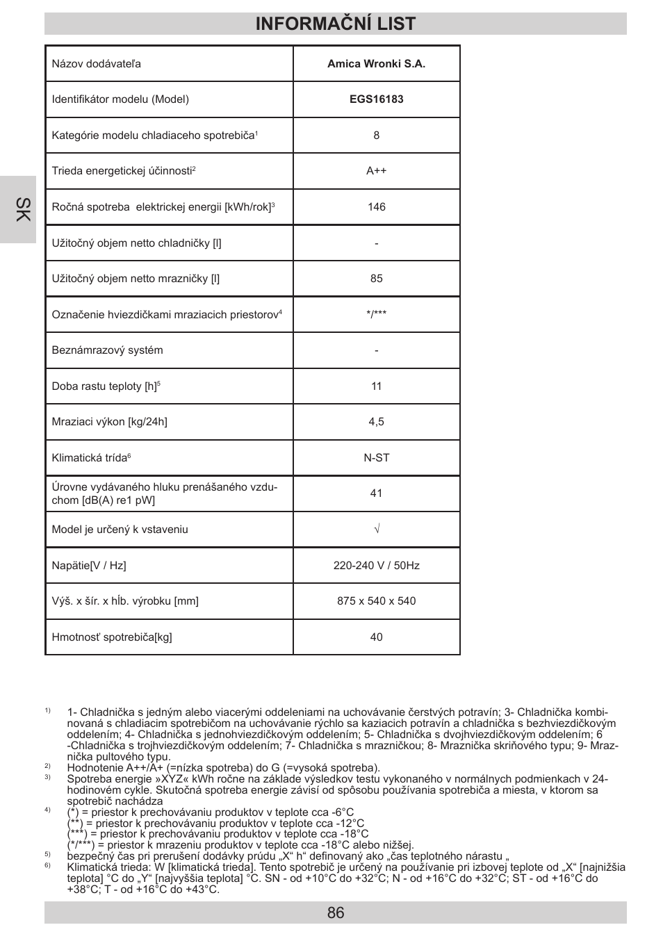 Informační list | AMICA EGS 16183 DE User Manual | Page 86 / 92