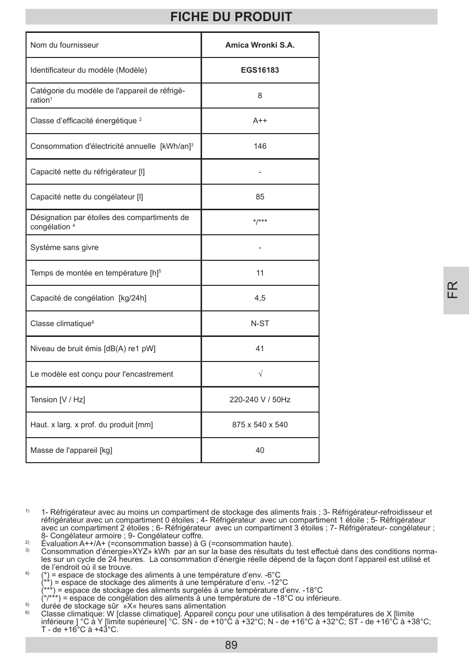 Fiche du produit | AMICA EGS 16183 DE User Manual | Page 89 / 92