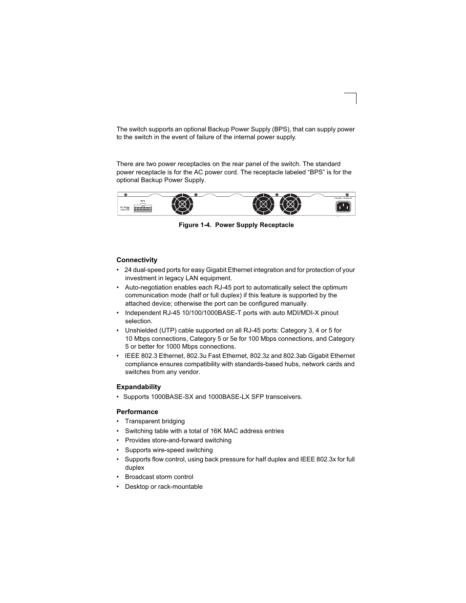 Optional backup power supply, Power supply receptacles, Features and benefits | Connectivity, Expandability, Performance, Connectivity 1-5 expandability 1-5 performance 1-5 | Alcatel-Lucent OMNISTACK 6300-24 User Manual | Page 21 / 58