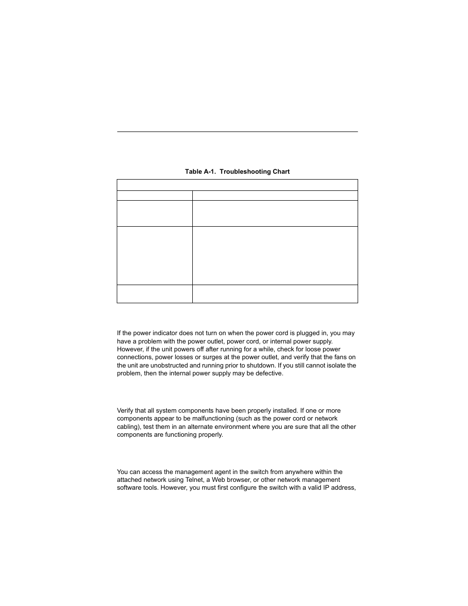 Appendix a: troubleshooting, Diagnosing switch indicators, Power and cooling problems | Installation, In-band access, Installation a-1 in-band access | Alcatel-Lucent OMNISTACK 6300-24 User Manual | Page 43 / 58
